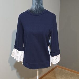 Elegant Navy Sweatshirt with Eyelet Lace Detail Sz Med